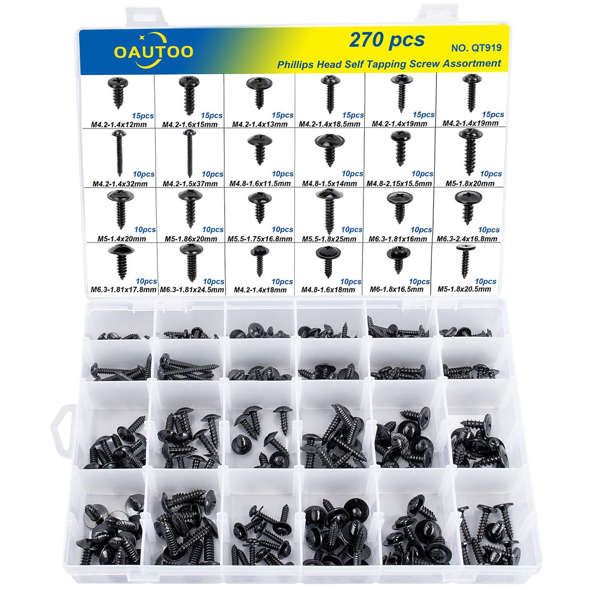 OAUTOO 270pcs Automotive Body Screw Phillips Head Self Tapping Screw Washer Head Screws Assortment Kit #8#10#12#14