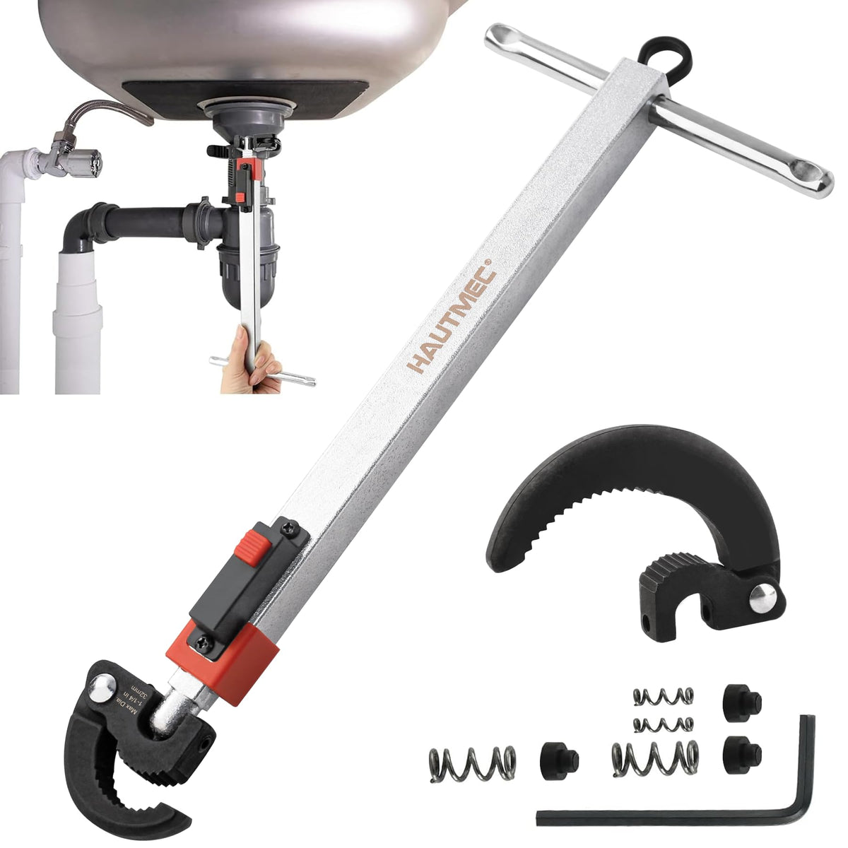 HAUTMEC 11-18inch Telescoping Basin Wrench, Sink Faucet Wrench for Tight Spaces with Replaceable Jaws Capacity 1-1/4''to 2-1/2", Plumber Wrenches for Faucet Hex Nuts Install and Repair Under Sink