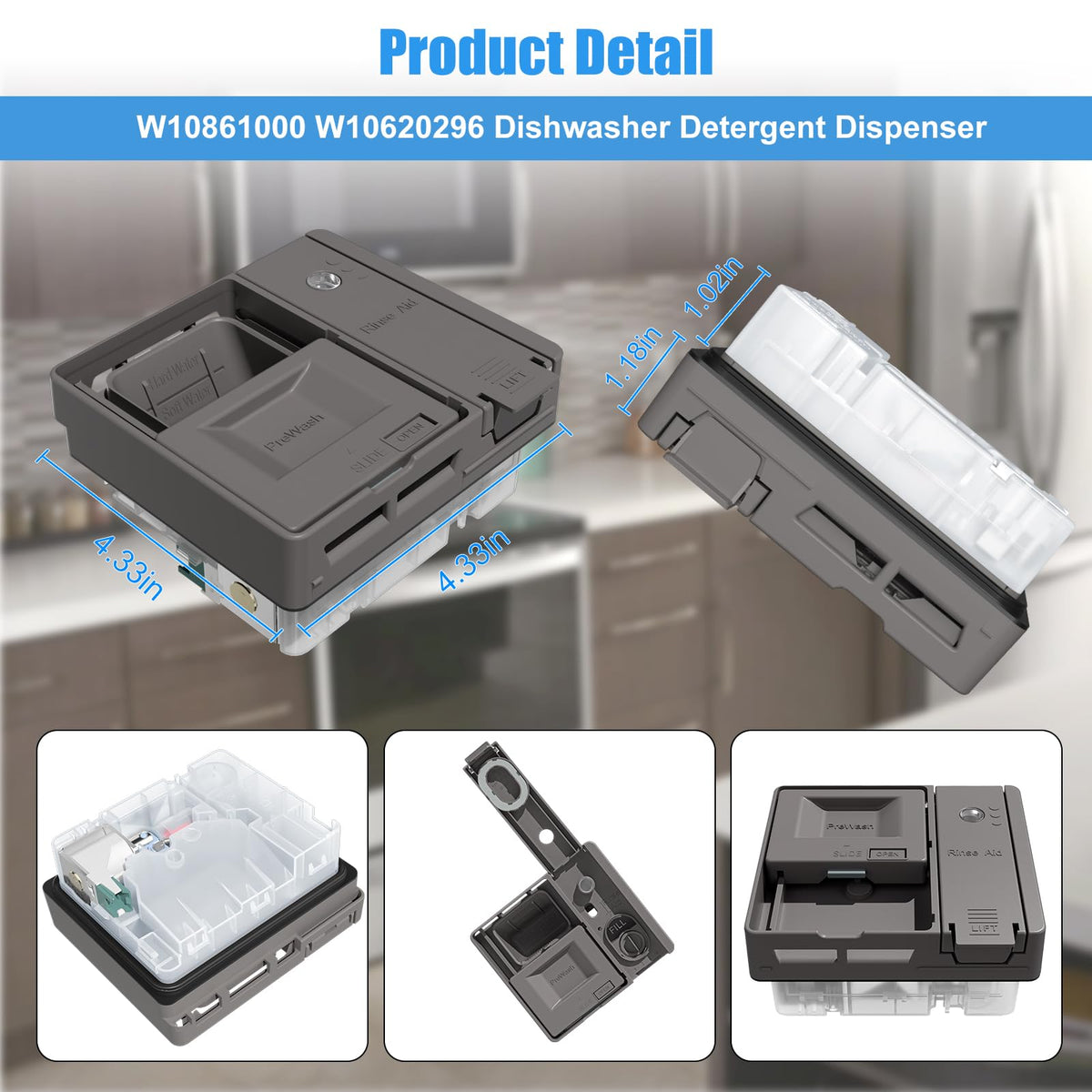 UPGRADED W10861000 Dishwasher Detergent Dispenser Compatible With Whirlpool Kitchenaid Maytag Dishwasher Detergent Dispenser Replacement Parts W10620296 W10620298 WDT730PAHZ0 Soap Dishwasher Dispenser