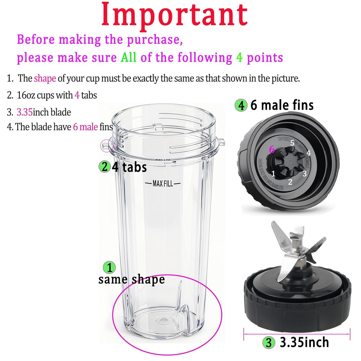 Replacement 6-Fin Male Blade and 16oz Cups for Nutri Ninja Blender,Only for BL660 BL663 BL740 BL770 BL771 BL772 BL773 BL780 (5-pack)