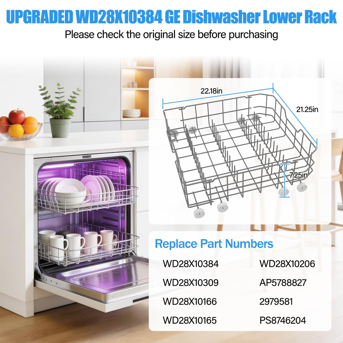 UPGRADED WD28X10384 Lower Rack Compatible with GE Dishwasher Rack Parts,WD28X10384 WD28X10165 WD28X10309 WD28X10166 GLD4560V00SS GLD4500N10BB GE Dishwasher Bottom Rack Replacement Parts with Wheels