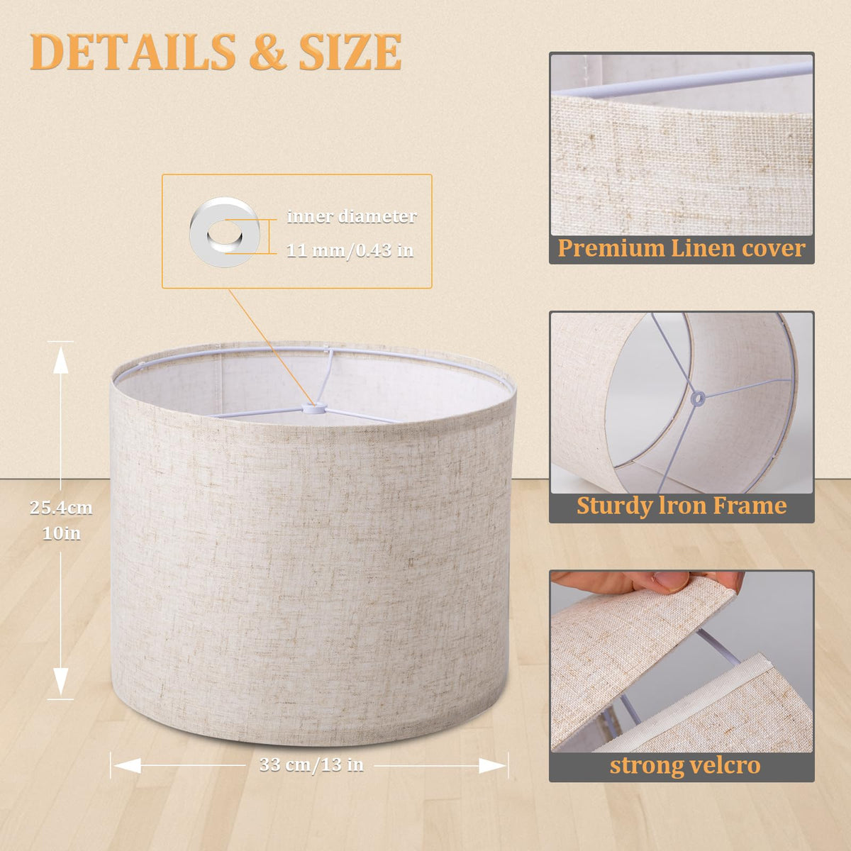 Lamp Shade for Table Lamps, Drum Lampshade for Floor Lamps, 13" Top X 13" Bottom X 10" High Large Lamp Shade, Beige Modern Fabric Lampshade, Easy Assembly Replacement Lamp Shade Spider Fitter
