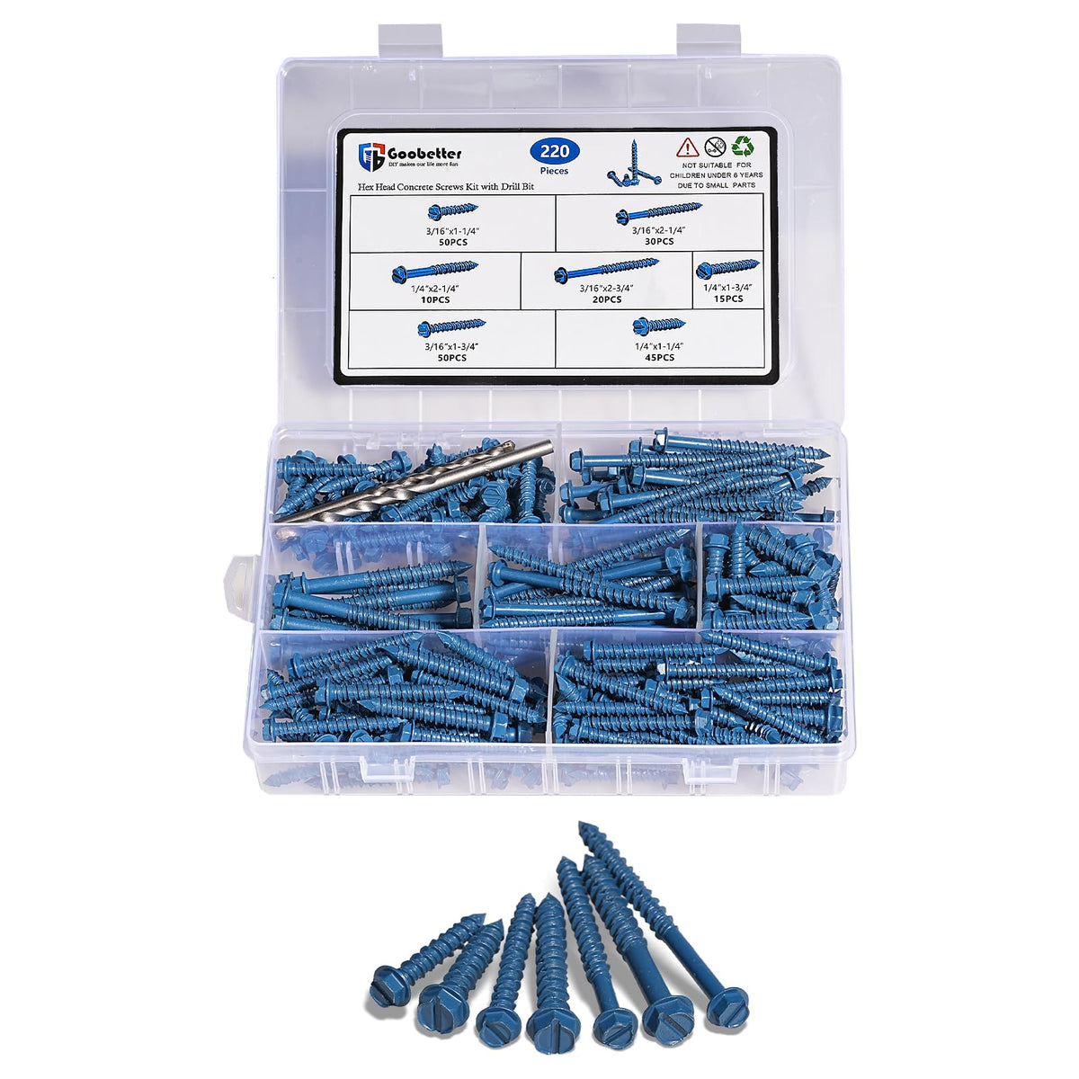220Pcs 1/4" & 3/16" Hex Concrete Screw & Drill Bit Set, for Brick Masonry