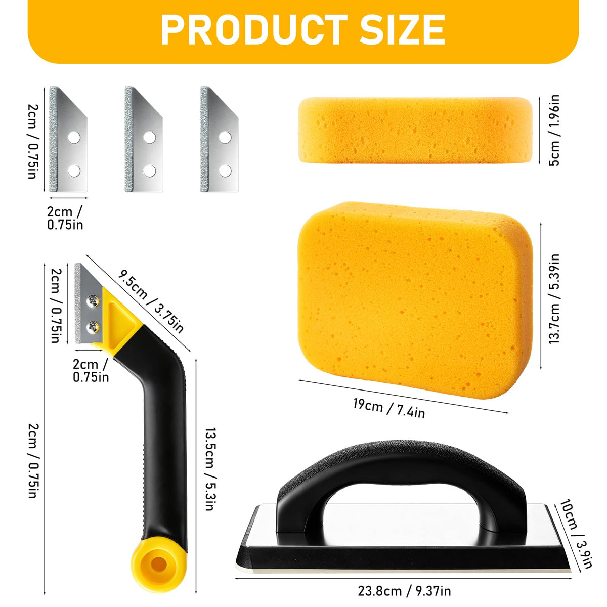 9 Pcs Grout Float Sets Include 9.5 x 4 Inch Molded Rubber Grout Float, 4 Sponge, Angled Tile Saw with 3 Blades Replacement, Removal Tool for Masonry Stucco Drywall Concrete(Yellow)