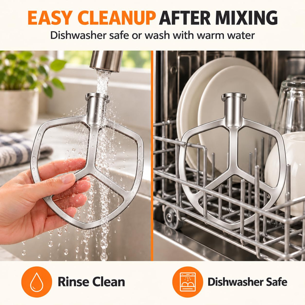 6 Quart Stainless Steel Flat Beater Compatible with KitchenAid 6 Quart Bowl-Lift Stand Mixers,perfect replacement accessory for mixing cookie dough, cake batter,Dishwasher Safe