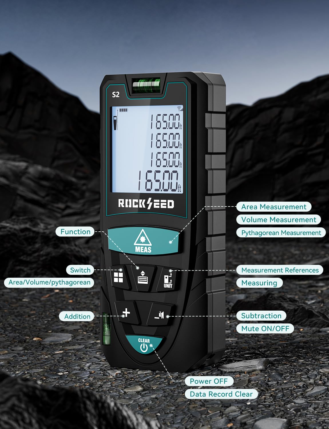 Laser Measure 50M/165ft,RockSeed Digital Laser Distance Meter with 2 Bubble Levels,Portable M/in/Ft Unit Switching Backlit LCD and Measuring Distance/Area/Volume/Pythagorean