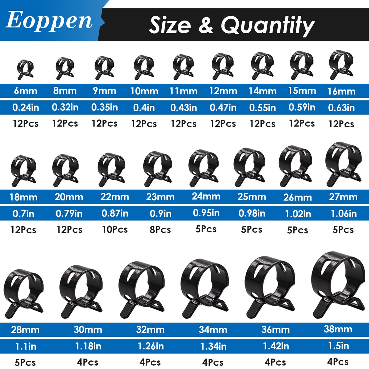 Eoppen 195Pcs 6-38mm Spring Hose Clamps Assortment Kit with Swivel Flat Band Fuel Hose Clamp Plier - 23 Sizes Fuel Line Silicone Vacuum Hose Low Pressure Air Clamps