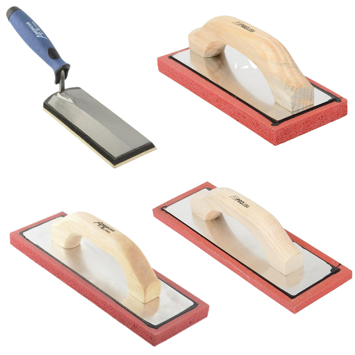 ATE Pro. USA - 4pc Masonry Float Set - Gum Rubber Margin Float with Comfort Grip Handle, Heavy Duty Rubber Sponge, Fine Pad, Coarse Pad, Masonry, Concrete, Drywall, Stucco or Grout