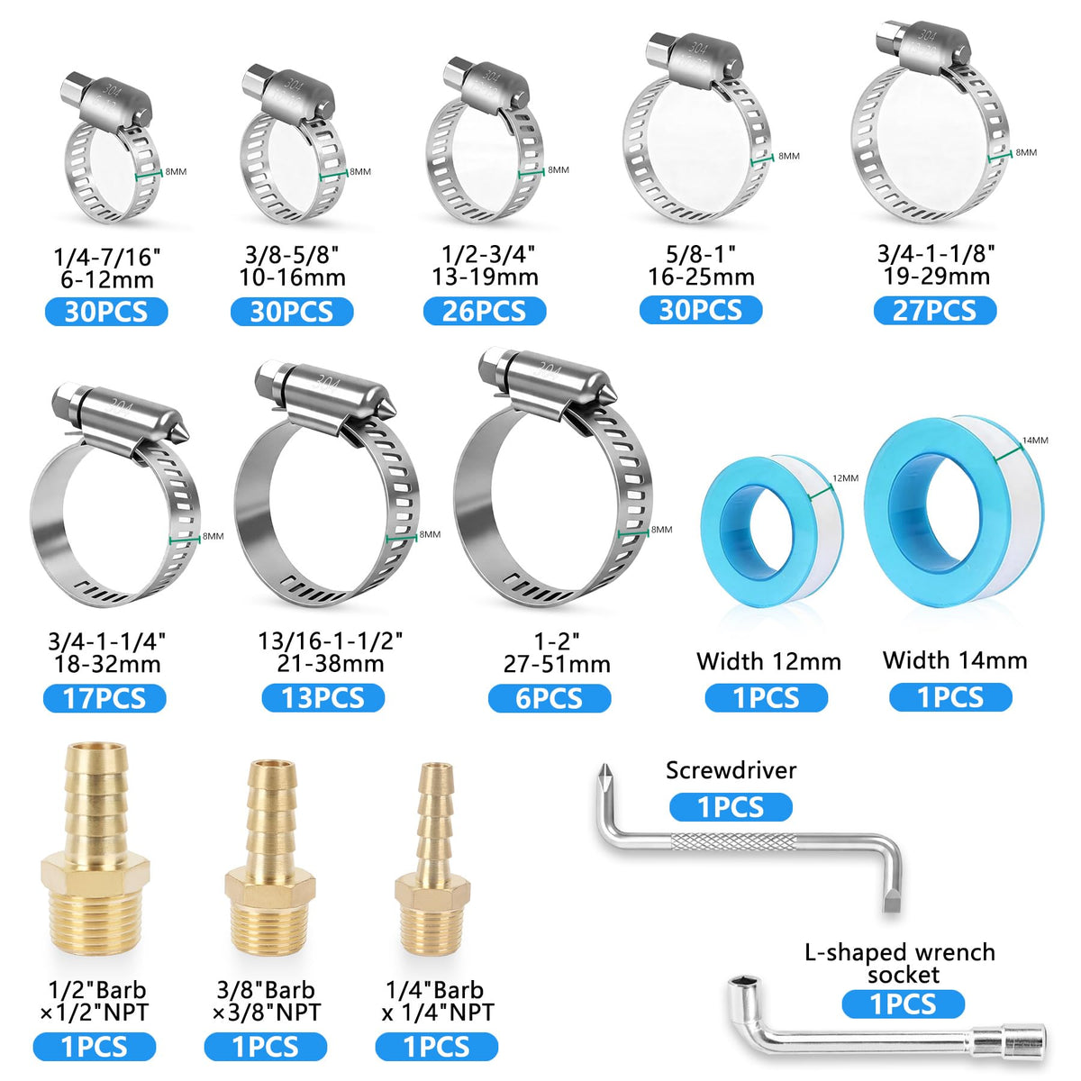 186pcs 304 Stainless Steel Hose Clamp Kit 8 Sizes From 1/4"-2" (6-51mm)