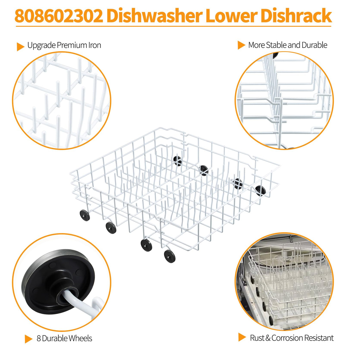 808602302 Dishwasher Lower Rack Replacement for Frigidaire Gallery Dishwasher Rack Part Bottom Rack Frigidaire Kenmore Dish Washer Lower Drawer Tray LFBD2409LF3C FDB1050REC4 Dish Rack 154174501 Wheel