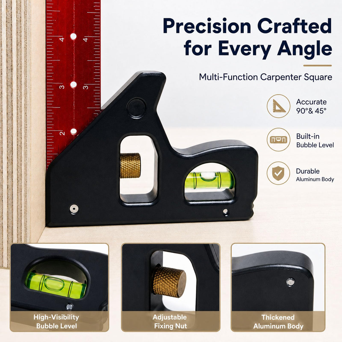 Combination Square 12 Inch, Precision Woodworking Square with Support Lip