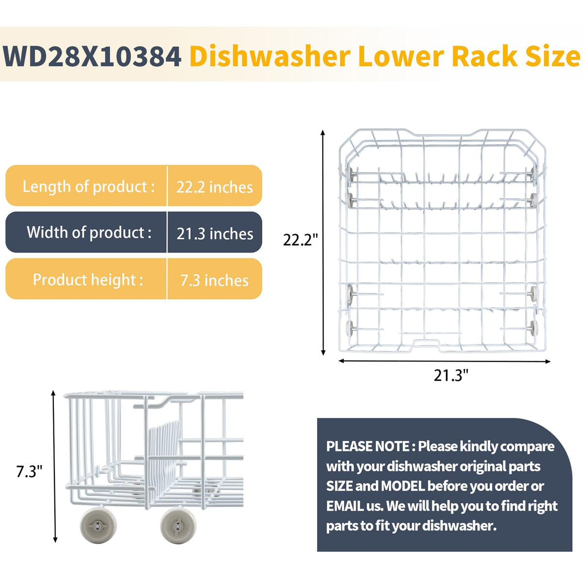 Allstare WD28X10384 Dishwasher Lower Rack Replacement Parts for GE Dishwasher Parts Lower Dishrack Assembly with Wheels GHDA485N10CS GLD4406R00BB GE Dishwasher Bottom Rack 22.2"D x 21.3"W x 7.3"H