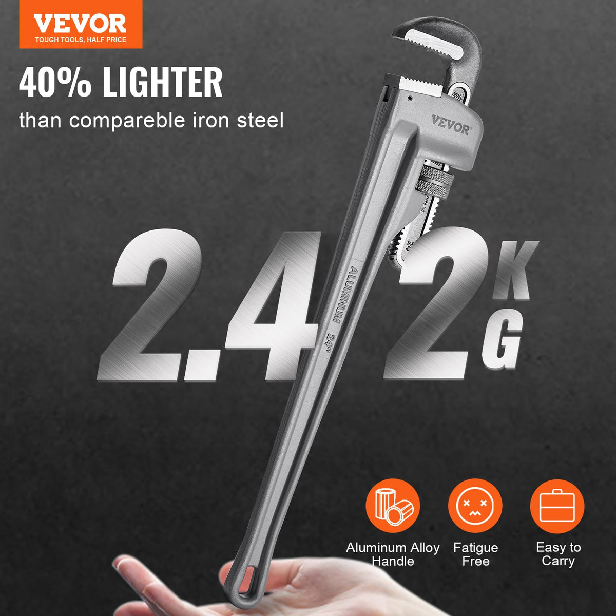 VEVOR Pipe Wrench, 24" Aluminum Straight Pipe Wrench, Adjustable Plumbing Wrench, with High Strength Jaw and Ergonomic Handle, Easy to Carry, Hangable Design, for Water Pipes, Automotive Repairs