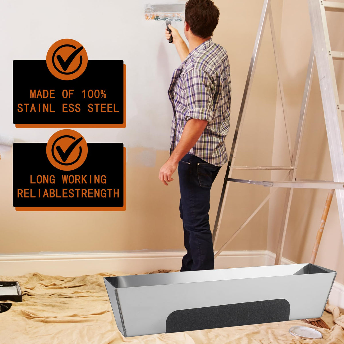 12" Stainless Steel Mud Pan,Anti-slip Base,Sheared Sides to Clean Knives, Hold Joint Compound, Drywall and Plaster