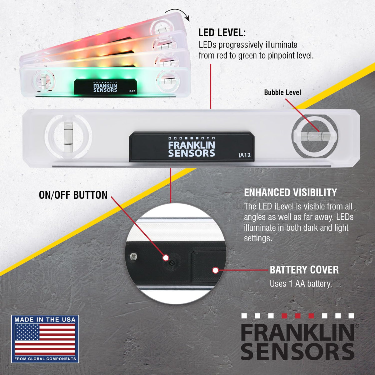 Franklin Sensors Light Level, Turns Green When Level, Magnetic Leveler