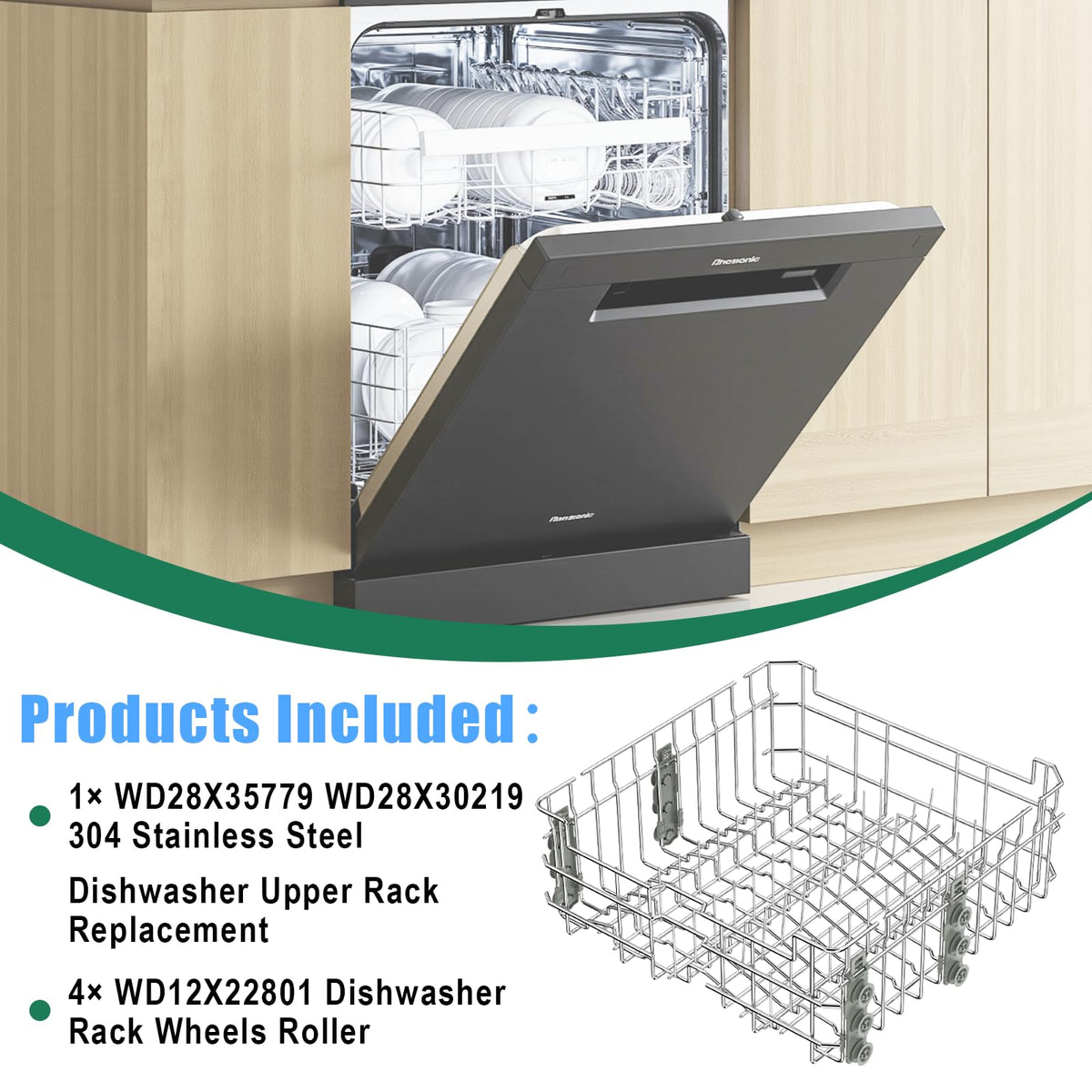 Upgraded 304 Stainless Steel WD28X35779 WD28X30219 Dishwasher Upper Rack Replacement for GE Dishwasher Rack Parts Hotpoint Models ADT521PGF0BS ADT521PGF0WS with WD12X22801 Wheels