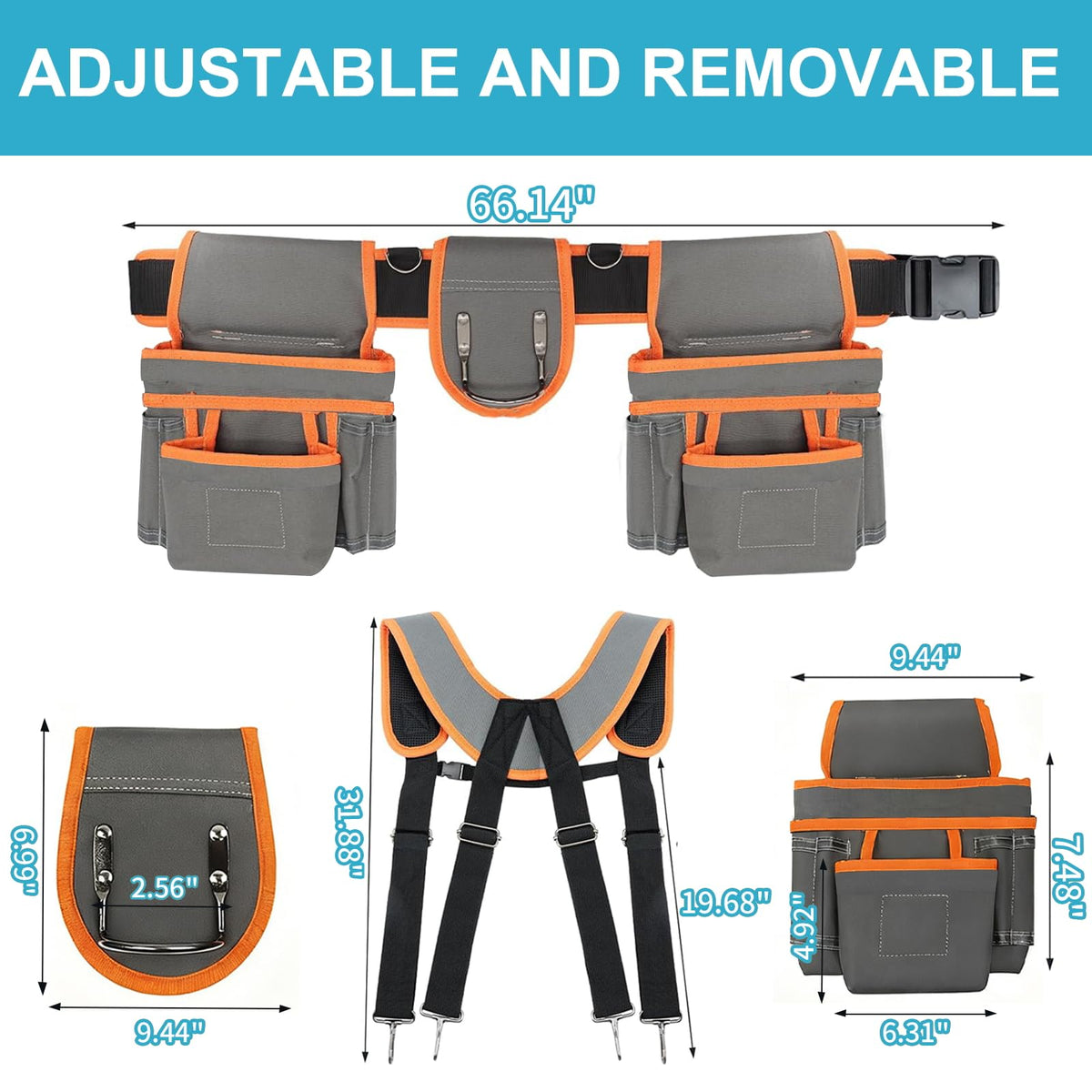 Tool Belt，Tool Belts for Men，Electrician/Carpenter Tool Belt Suspenders，Comes with Magnetic Tool Kit and Straps, Heavy-Duty Detachable and Adjustable Multifunctional Waist Belt Work Bag (Gray Orange)