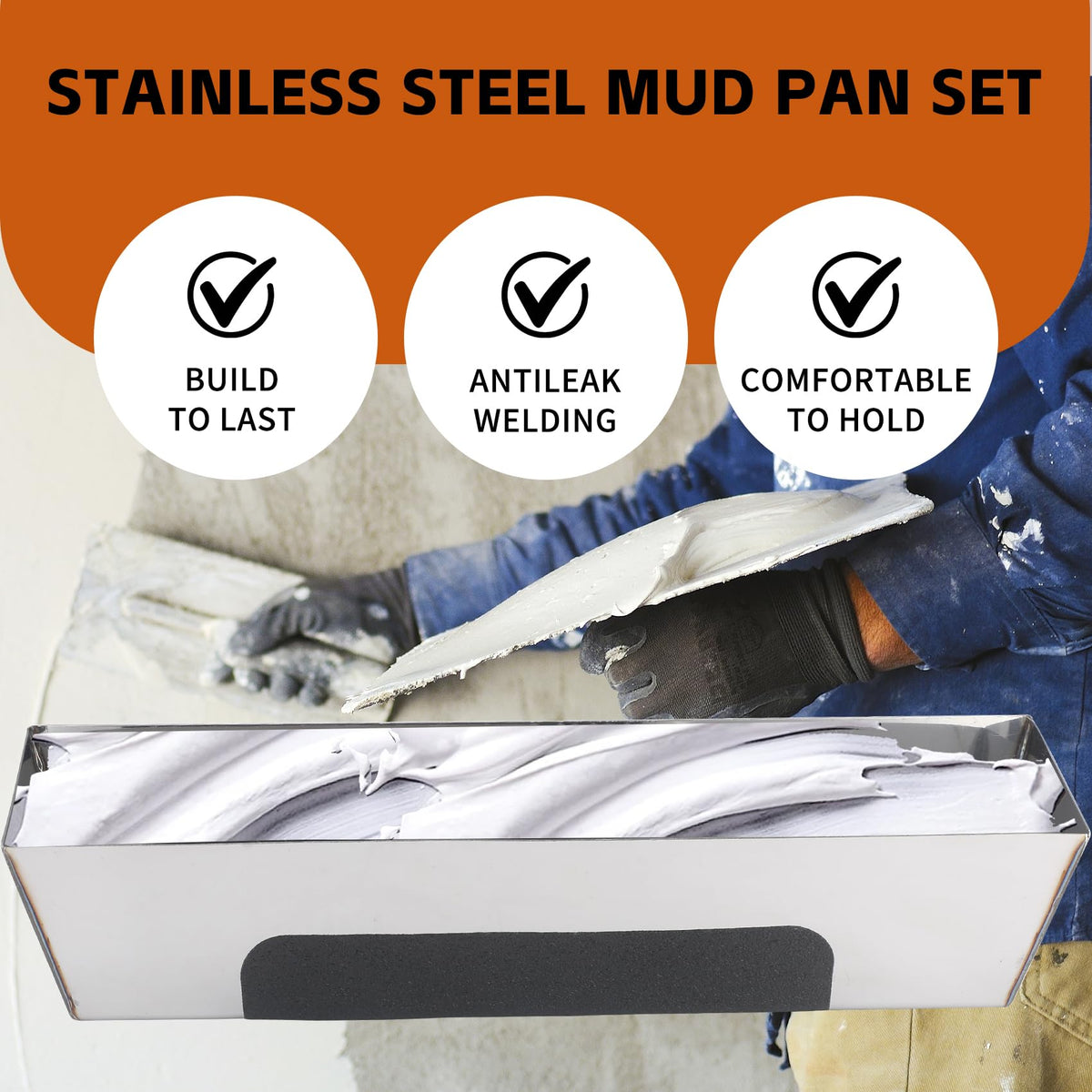 12" Stainless Steel Mud Pan,Anti-slip Base,Sheared Sides to Clean Knives, Hold Joint Compound, Drywall and Plaster