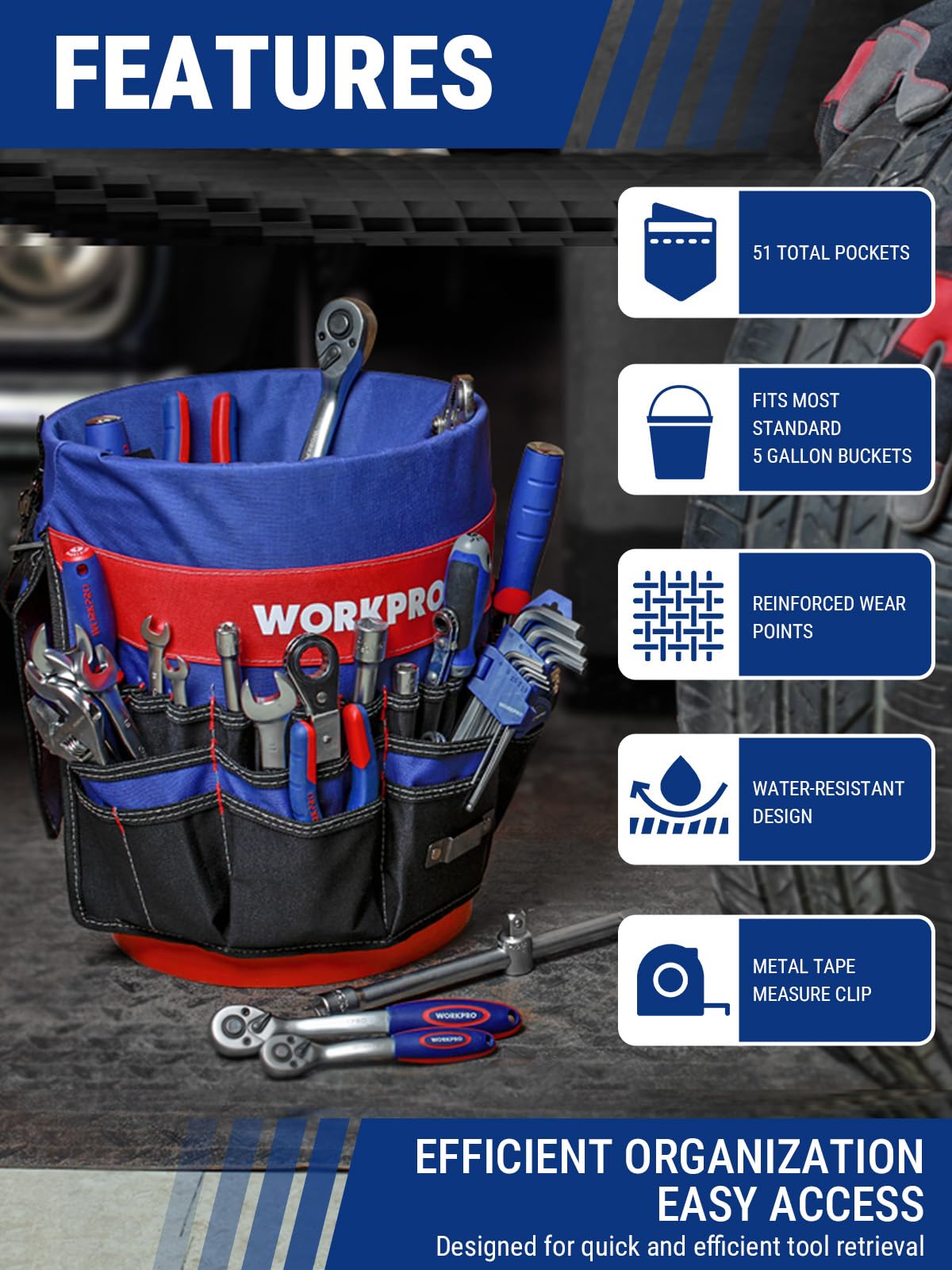 WORKPRO Bucket Tool Organizer with 51 Pockets Fits for 3.5-5 Gallon Bucket