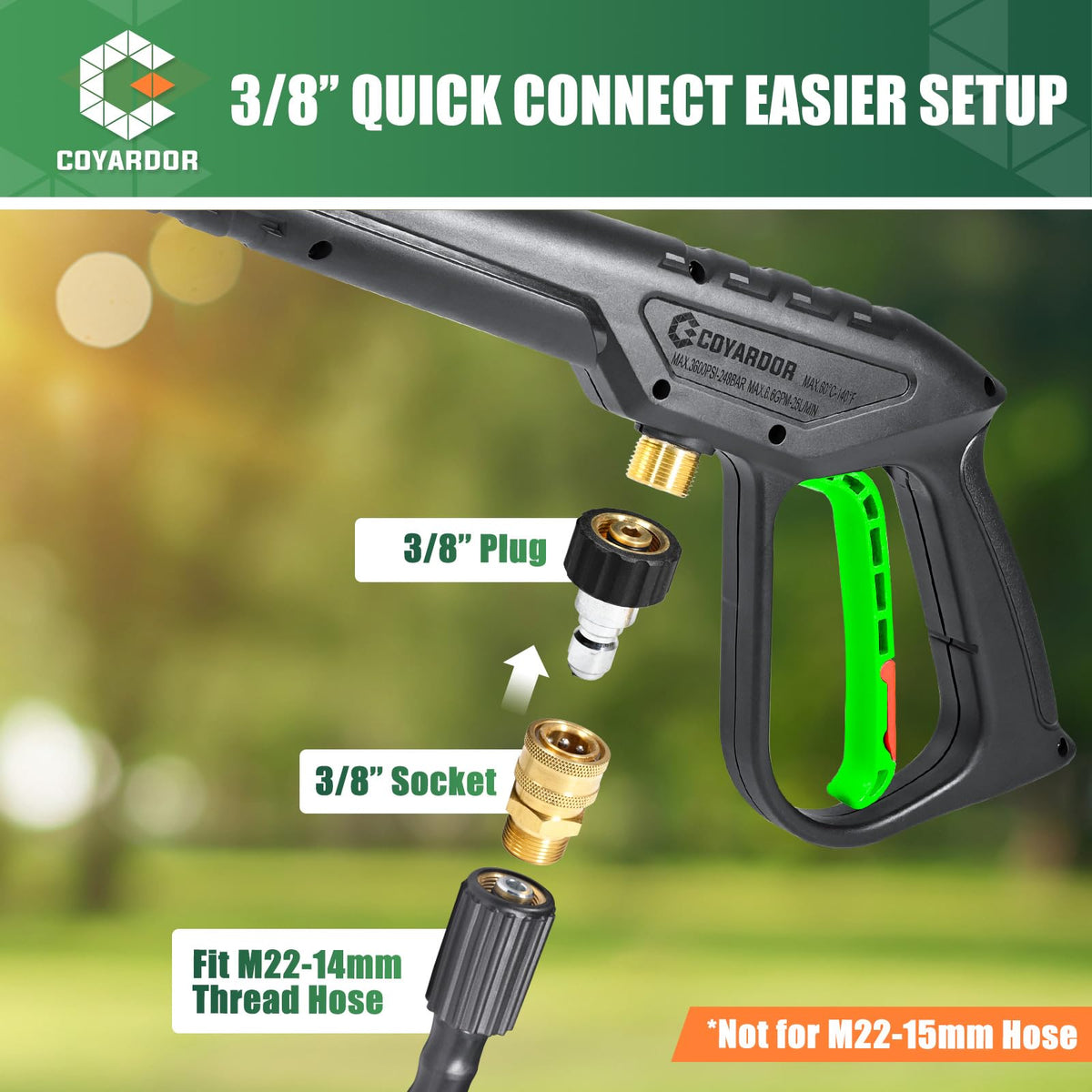 Coyardor Pressure Washer Gun 3600 PSI with Extension Wand, 3/8" & M22-14mm