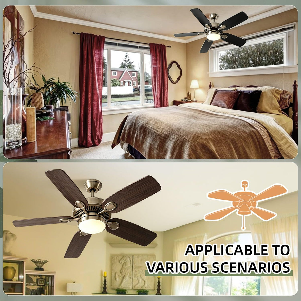UPSEED 10 Pcs 52 Inch Ceiling Fan Replacement Blades, Sturdy Wood Blades, Black&Black Walnut, Pre-Drilled Holes, Indoor/Outdoor Use, Universal Fan Blades, Easy Installation