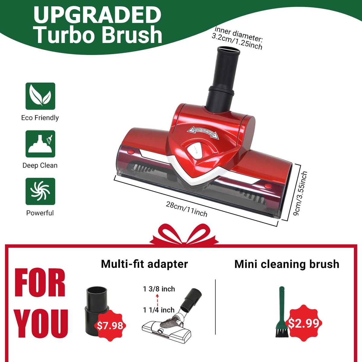EZ SPARES Replacement Turbo Brush Head,Universal Vacuum Cleaner Brush, 1 1/4,1 3/8 Inch,Compatible with Most Vacuum Brands,Hoover Eureka Royal, Rainbow Shop Vac,As Christmas New Year Gift(Festive Red)