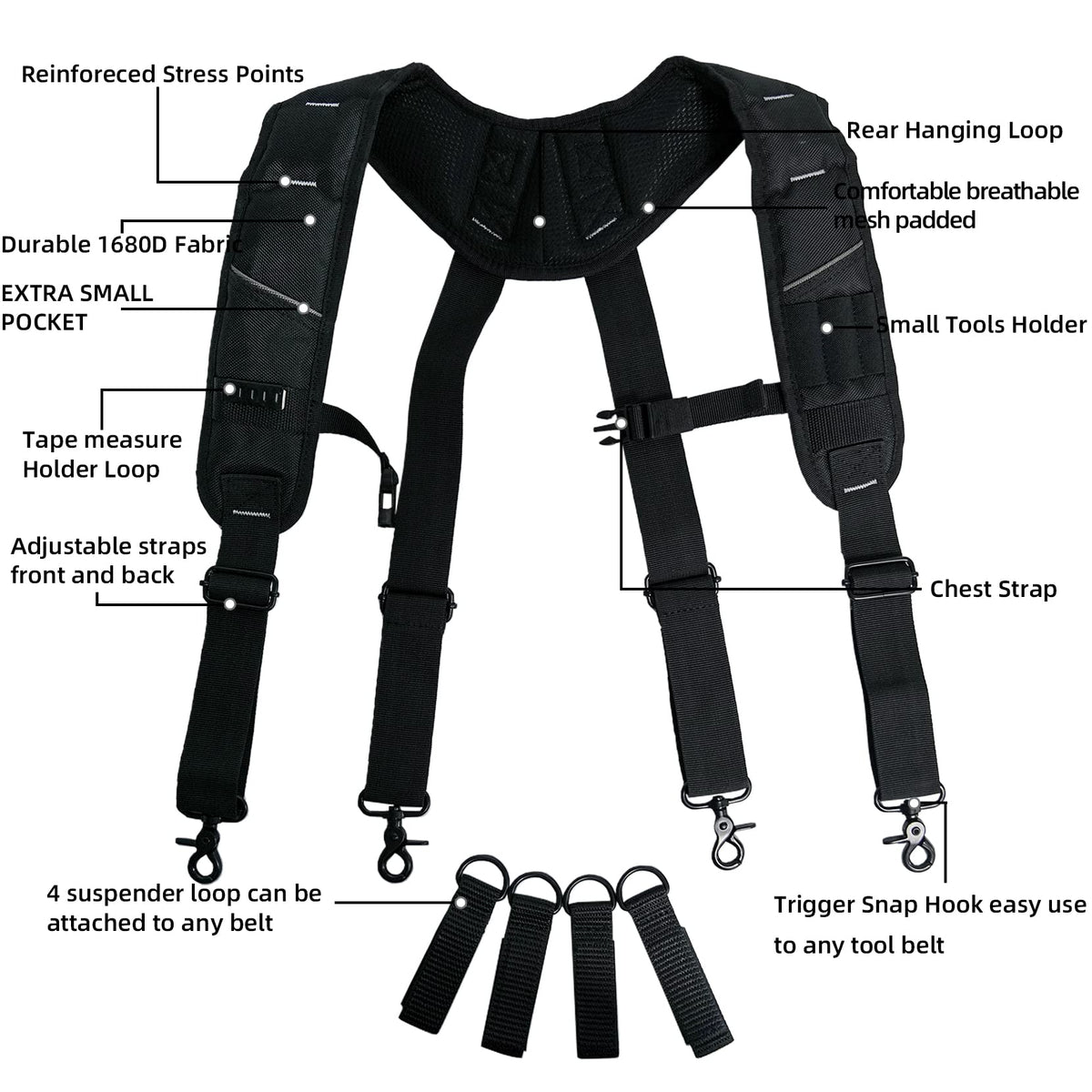 KUNN Tool Belt Suspenders, Padded 4-Point Work Suspender for Men