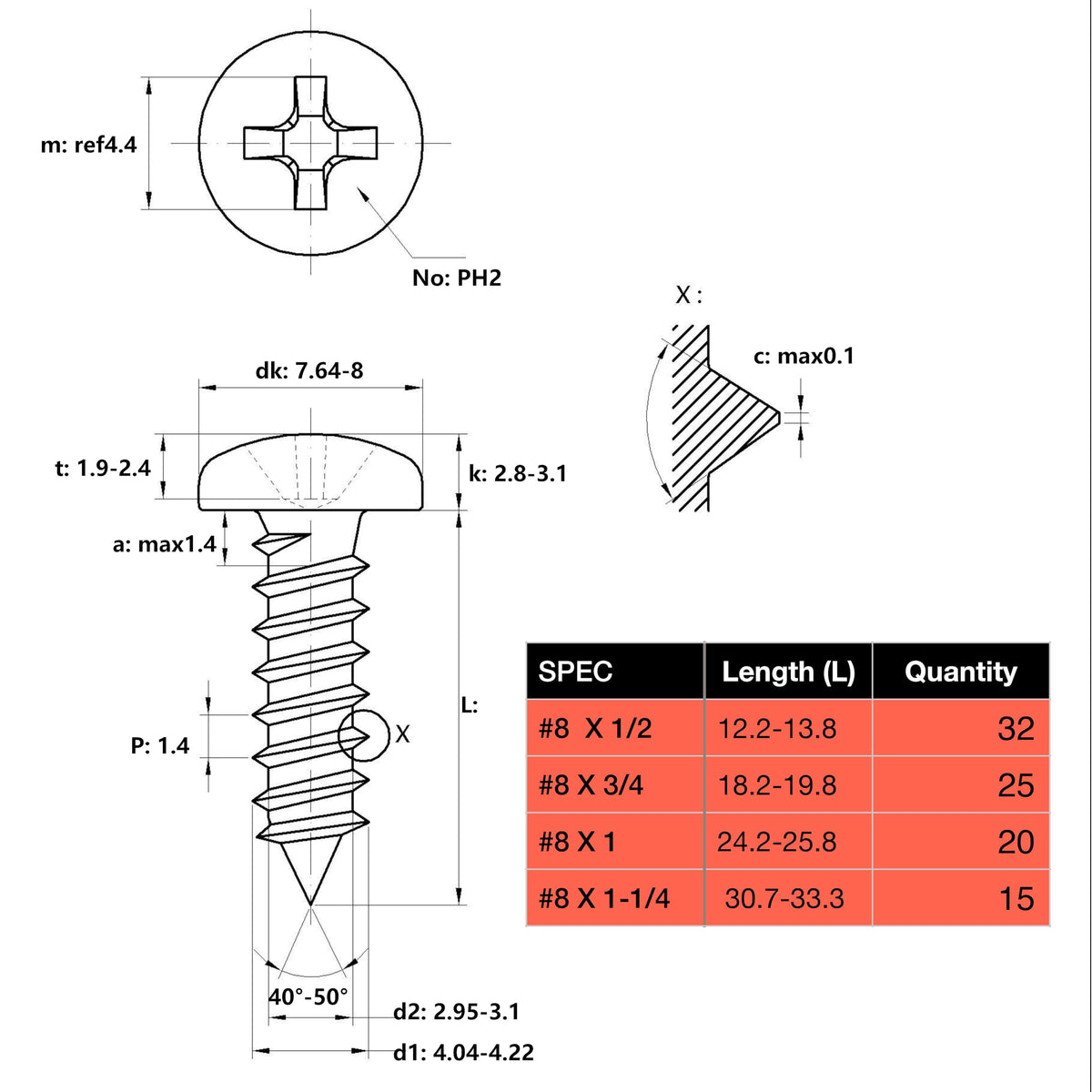 EEEEE Self Tapping Screws Assortment Set 552pcs, Assorted Screws SAE #4#6#8#10#12 304 Stainless Steel Sheet Metal Screws Kit Phillips Drive Wood Screw Assortment (SAE Pan Head 552pcs)