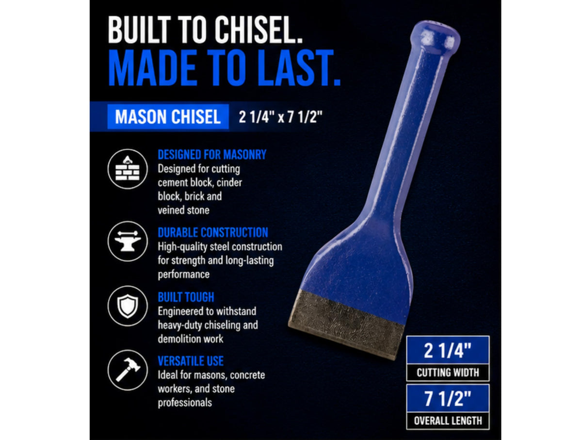 Bon 11-195 Mason Chisel 2 1/4" x 7 1/2" Masonry Cutting Chisel for Brick Block and Stone