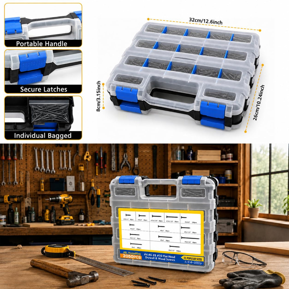 2050PCS Wood Screws Assortment Kit, #4#6#8#10 Flat Head Phillips Wood Screws, 25 Sizes, Assorted Wood Screws for Woodworking, Furniture, Cabinets, DIY & Home Repair