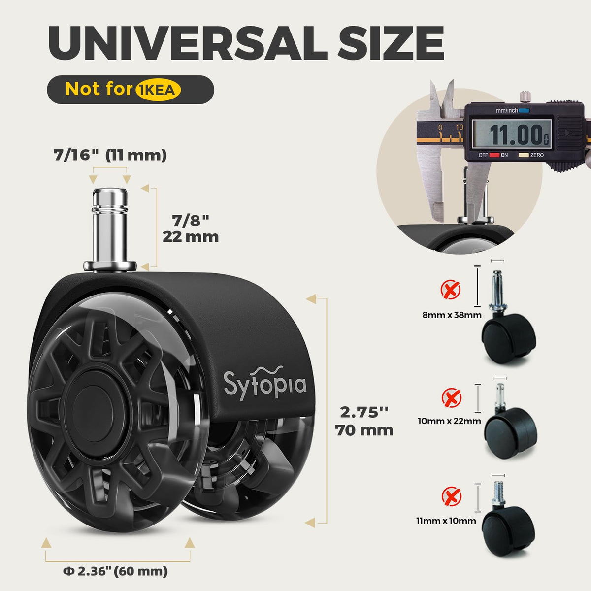 Sytopia Office Chair Wheels Replacement, 2.5 Inch Tandem Design Heavy Duty Casters for Carpet and Hardwood Floors, Universal 11x22mm Stem Fits 99% of Chairs, 700 lbs Capacity