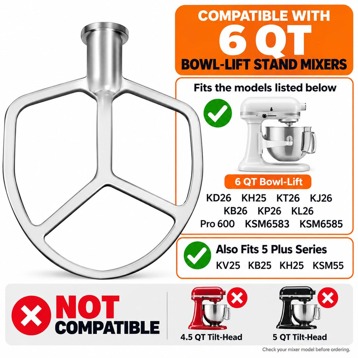 6 Quart Stainless Steel Flat Beater Compatible with KitchenAid 6 Quart Bowl-Lift Stand Mixers,perfect replacement accessory for mixing cookie dough, cake batter,Dishwasher Safe