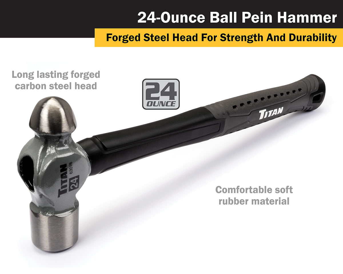 Titan 63016 24oz Ball Pein Hammer, Forged Steel Head, 13.5" Shock Absorbing Fiberglass Handle with Textured Rubber Grip