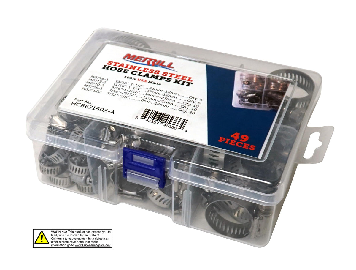 Merrill MFG Hose Clamp Assortment Kit- 49 Pieces Stainless Steel Hose Clamp Adjustable, Worm Gear Metal Fuel Line Clamp for Plumbing, Automotive And Mechanical Applications