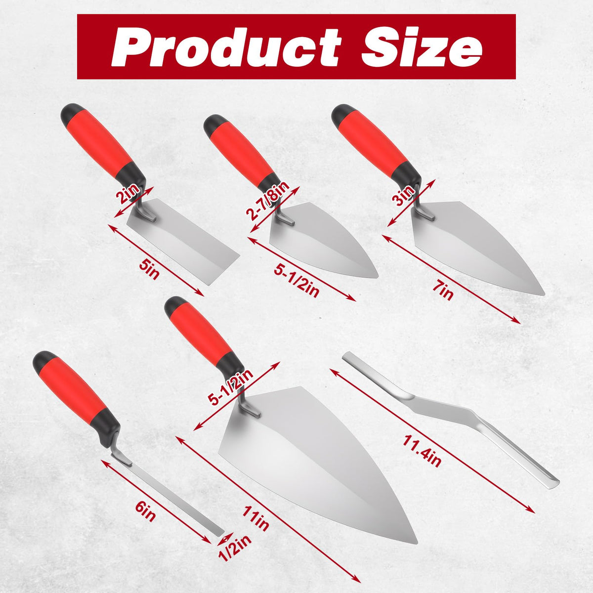 6 Pcs Masonry Hand Tool Set - 11" x 5-1/2" Philadelphia Brick Trowel, 2 Pcs Pointing Trowel, 5" x 2" Margin Trowel, 1/2" Tuck Pointing Trowel, 5/8” x 1/2” Convex Brick Jointer