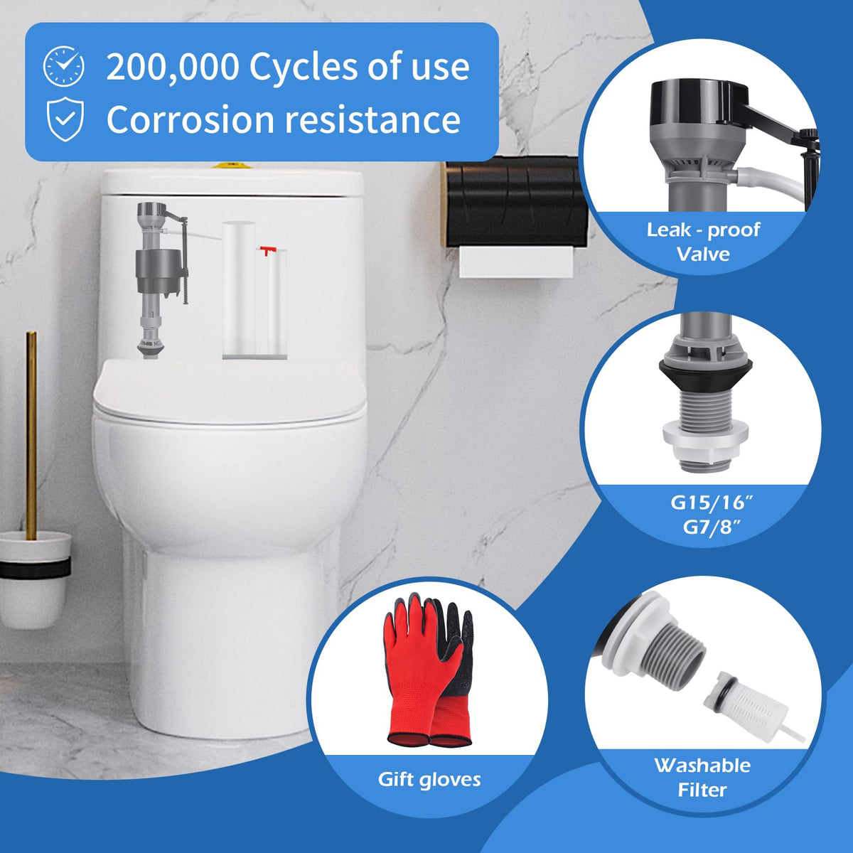4 Pack Toilet Fill Valve Replacement Kit with Gloves, Adjustable Universal Toilet Tank Fill Valve, Quiet Leak-Proof Toilet Valve for Easy DIY Home Repair (8–13 in, G15/16")