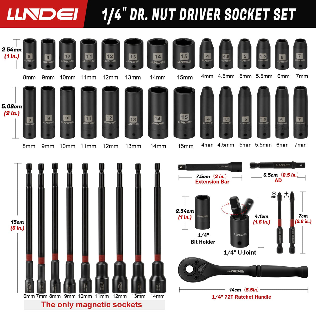 1/4" Drive Socket Set Nut Driver Set with Ratchet, 44Pcs Wrench Tool Set