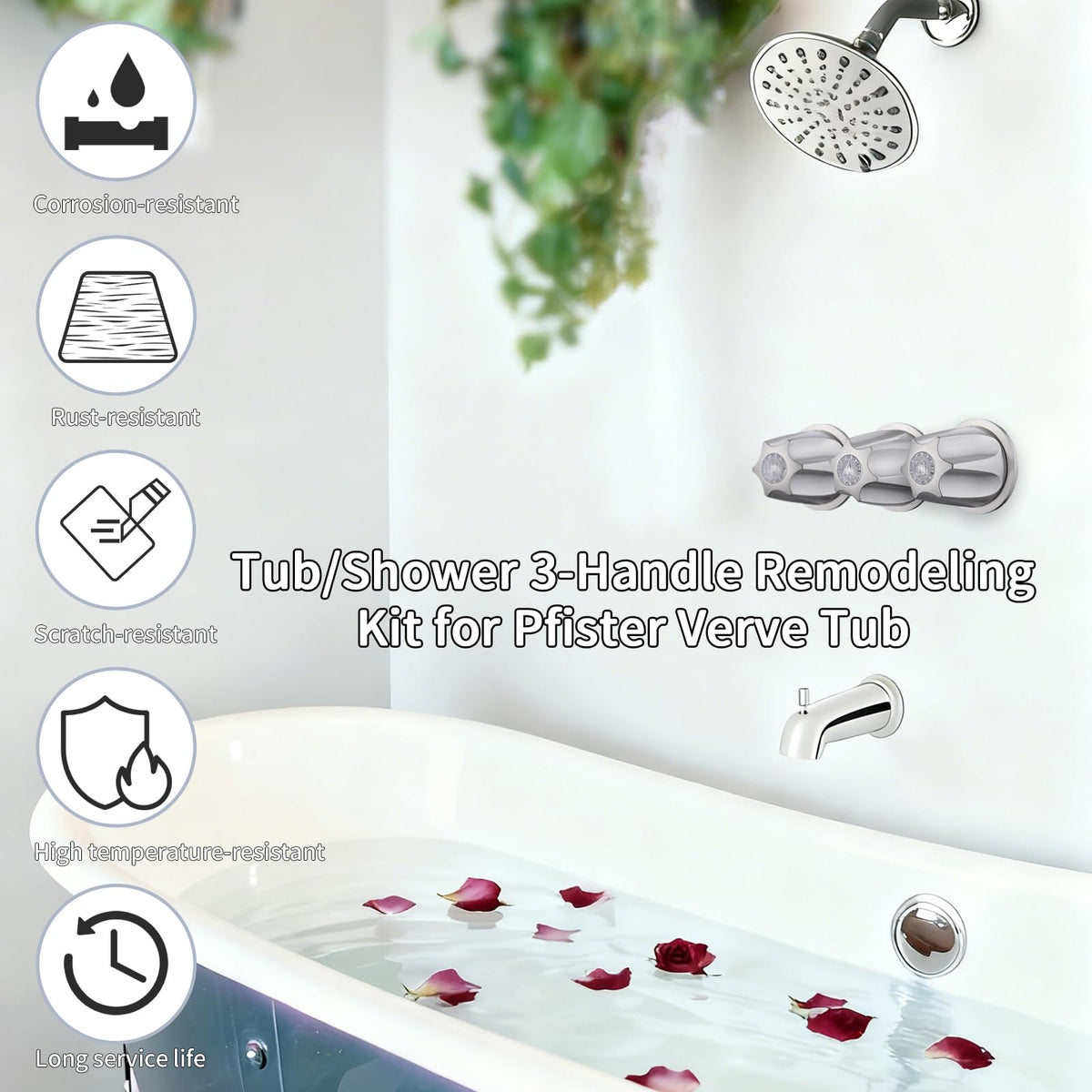 Bathtub and Shower 3-Handle 39619 Remodel/Rebuild Trim Kit for Price Pfister Verve Faucets, Knob Handles 12H-2H, 12H-2C, 12H-18D Stems (Brushed Nickel Finish)