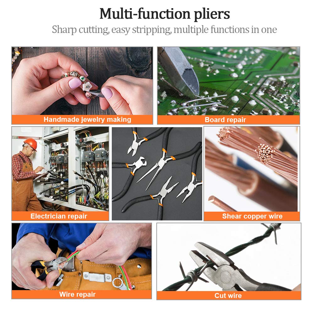 SOONAN 5 Pieces Mini Pliers, Long Lasting Tool Set Cable Cutters – Long Needle Nose, Long Nose, Nipper Bent Nose, End Cutting, Diagonal Cutting, Precision Pliers Set