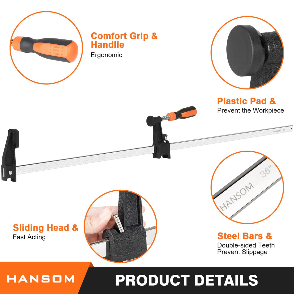 HANSOM 4-Pack 36 inch Bar Clamps,Long Wood Clamps Heavy Duty Force 600 Lbs Adjustable and Release Quickly,Woodworking Clamps Throat Depth 2.5 inch with Plastic Handle