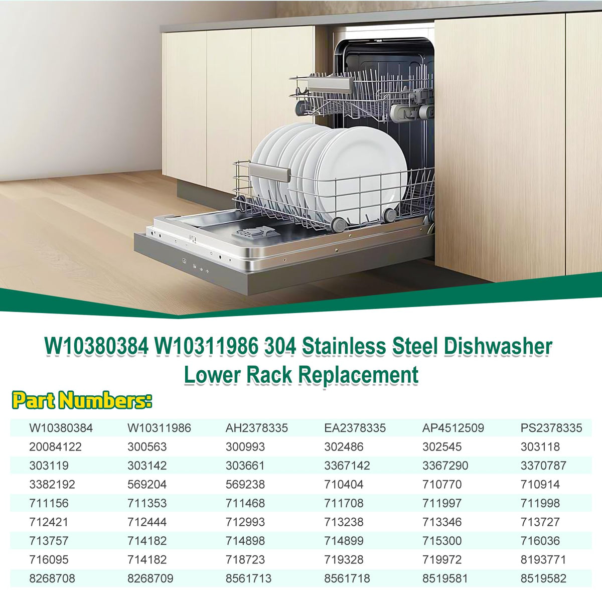 Upgraded 304 Stainless Steel W10311986 W10380384 Dishwasher Lower Rack Replacement for Whirlpool Dishwasher Bottom Rack 300563, DU911PCDQO with WP3376961 Wheels