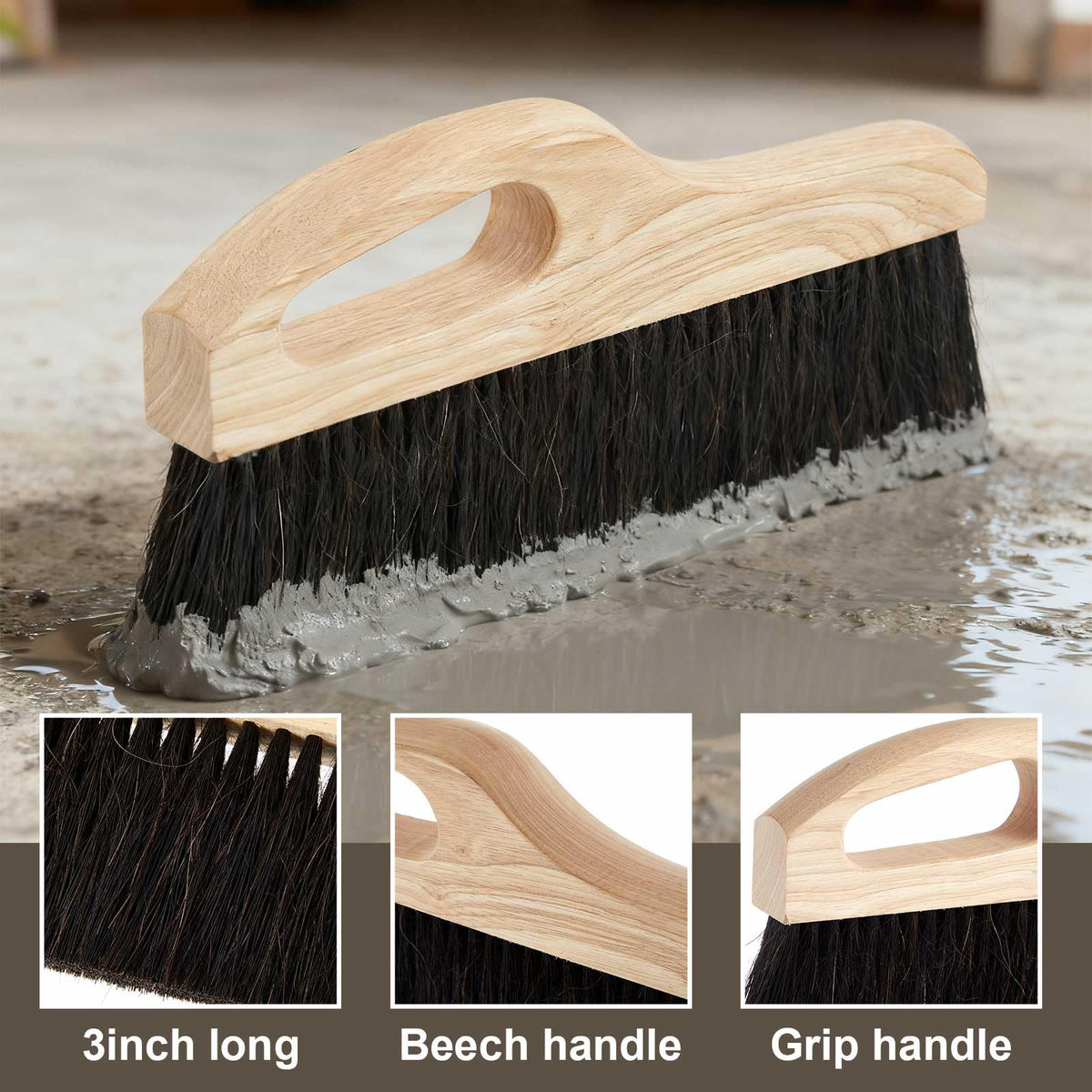 Singhoow 2 Pack Concrete Broom Tools, 12 Inch Masonry Brush Hand Concrete Finish Brush Horse Hair/Poly Bristle Hand Finished Masonry Texturing Tools with Comfort Handle