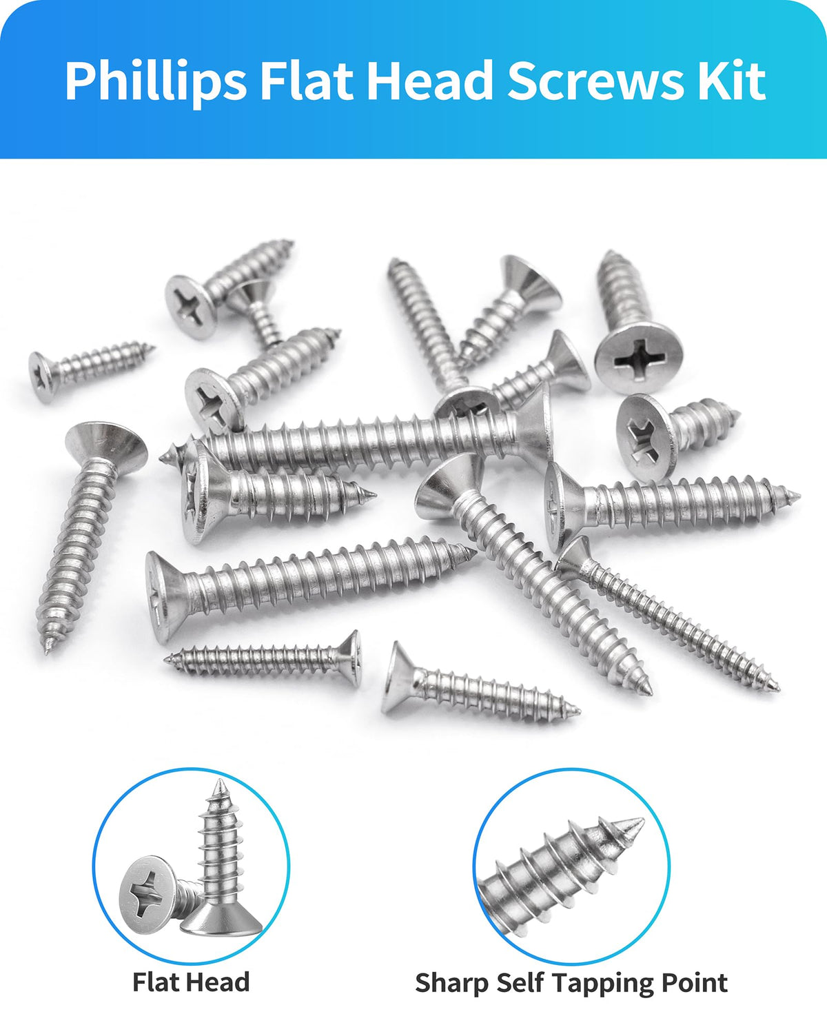 500Pcs 304 Stainless Steel Wood Screws Assortment Kit,#4#6#8#10#12 Assorted Screws,Phillips Drive Flat Head Sheet Metal Screw Self Tapping Screws Set, Length 3/8" to 2" (Silver-Flat Head)