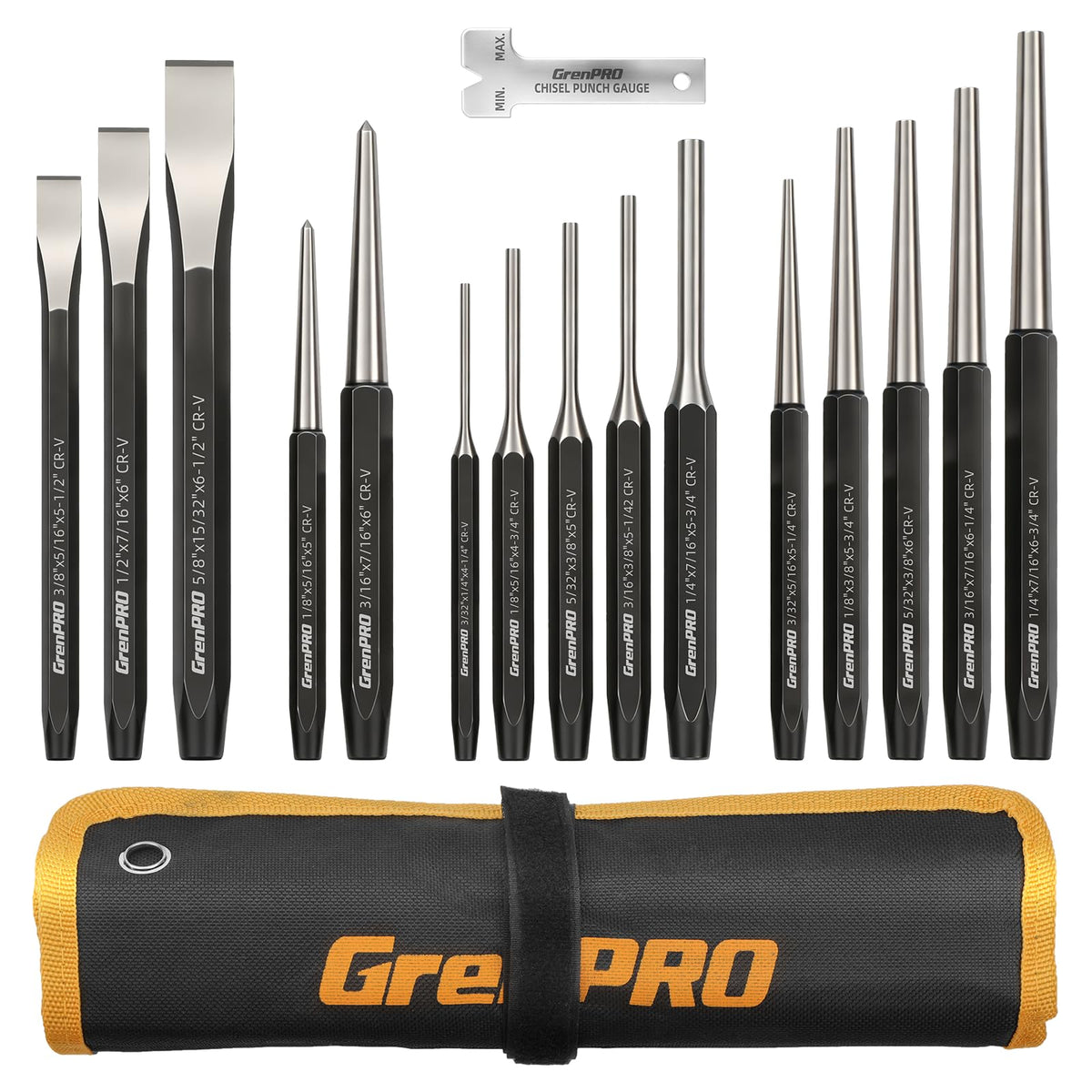 GRENPRO 16‑Piece Heavy Duty Punch Chisel Set, 40CrV with Storage Pouch
