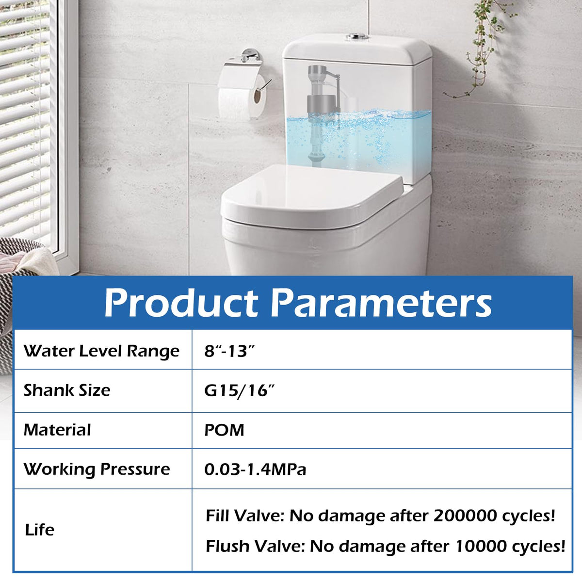 4 Pieces Adjustable Toilet Fill Valve Replacement Kit with Gloves, Quiet Toilet Flush Valve for Tank and Bowl, Universal Toilet Valve Replacement Set (8–13 in, G15/16")