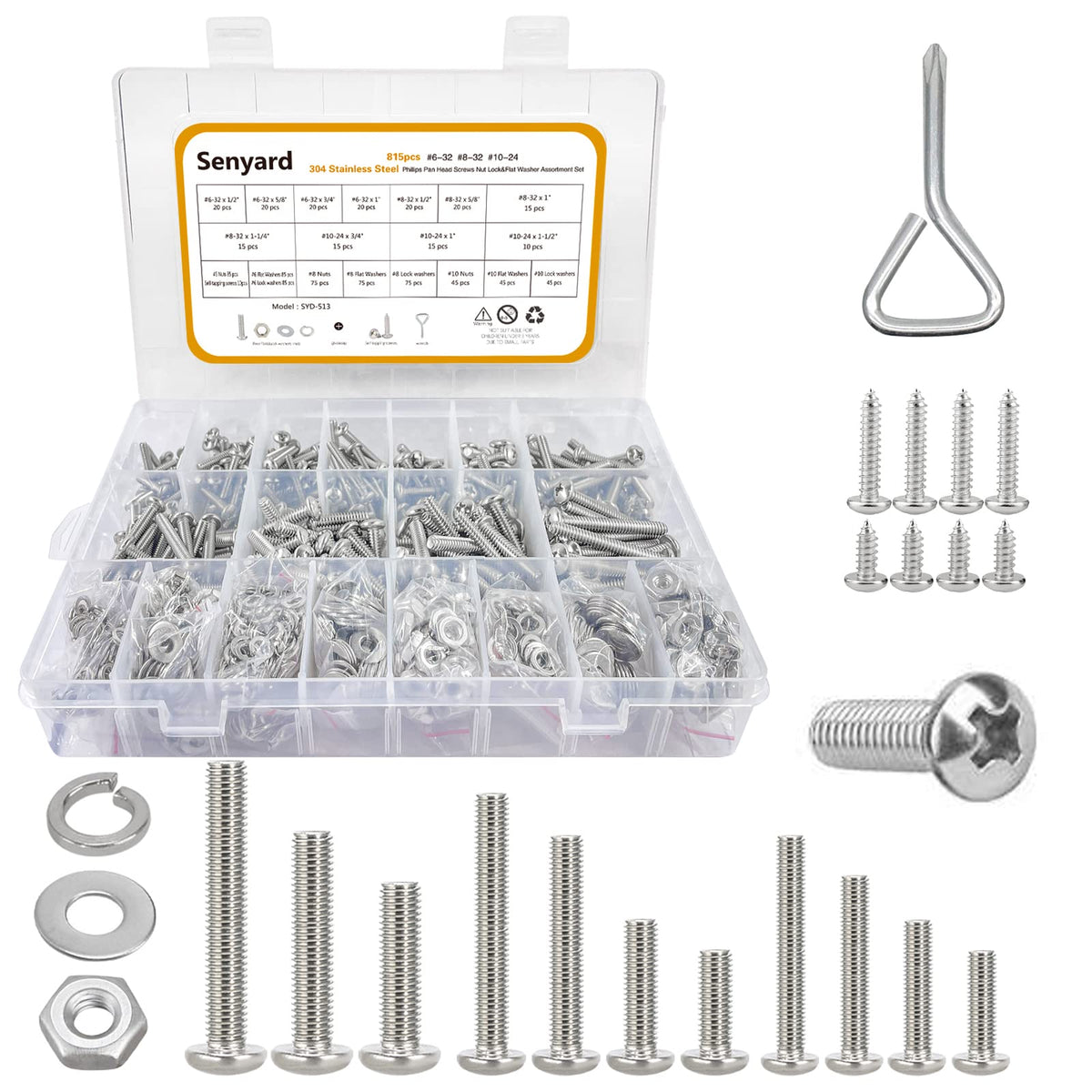 815pcs Machine Screws Assortment Kit,#10-24 #8-32 #6-32 Phillips Pan Head nut and Bolt Assortment Kit (with Lock&Flat washers・Wrenches) Stainless Steel Screw Bolt nut washers Assortment kit with case