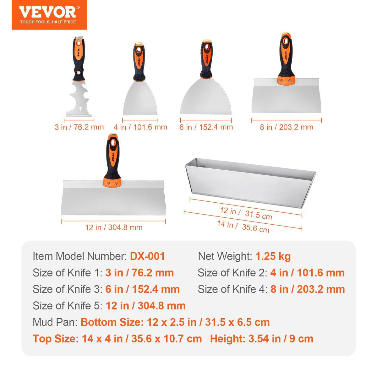VEVOR Drywall Knife Set, 6 PCS Drywall Tools, Stainless Steel Spackle Tool