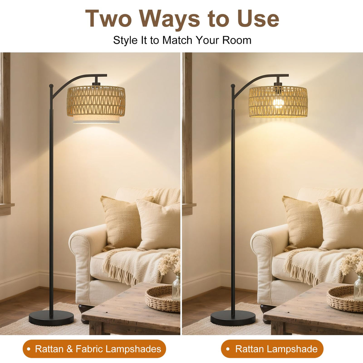 Boho Rattan Lamp Shade, 12.6" Top x 12.6" Bottom x 7.68" High, Natural Rattan & Linen Double Layer Lamp Shades for Floor Lamps Table Lamps Chandelier, UNO Fitter Lampshade Replacement, Easy Assembly