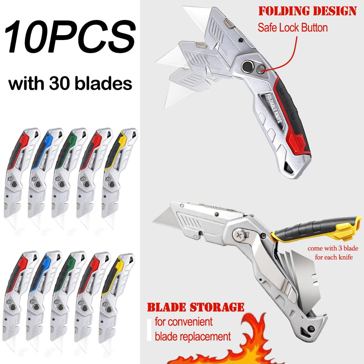 10-Pack Heavy Duty Folding Box Cutter with Blade Storage (Entirety Metal)