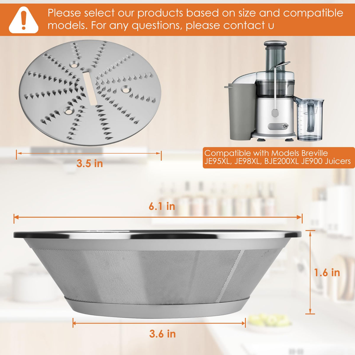 BR-1 Juicer Mesh Filter Basket （No Base）Compatible with Breville Juice Models JE95XL, JE98XL, BJE200XL, BJE510XL, With Mesh Strainer Bowl, Blade, Screws & Wrench,Easy to Replace